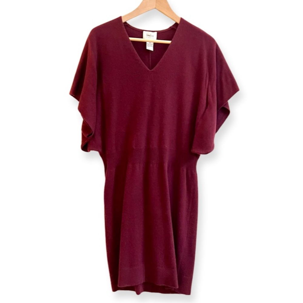 Neiman Marcus Cashmere Mini Dress - Burgundy, Cape Sleeves, V-neck
